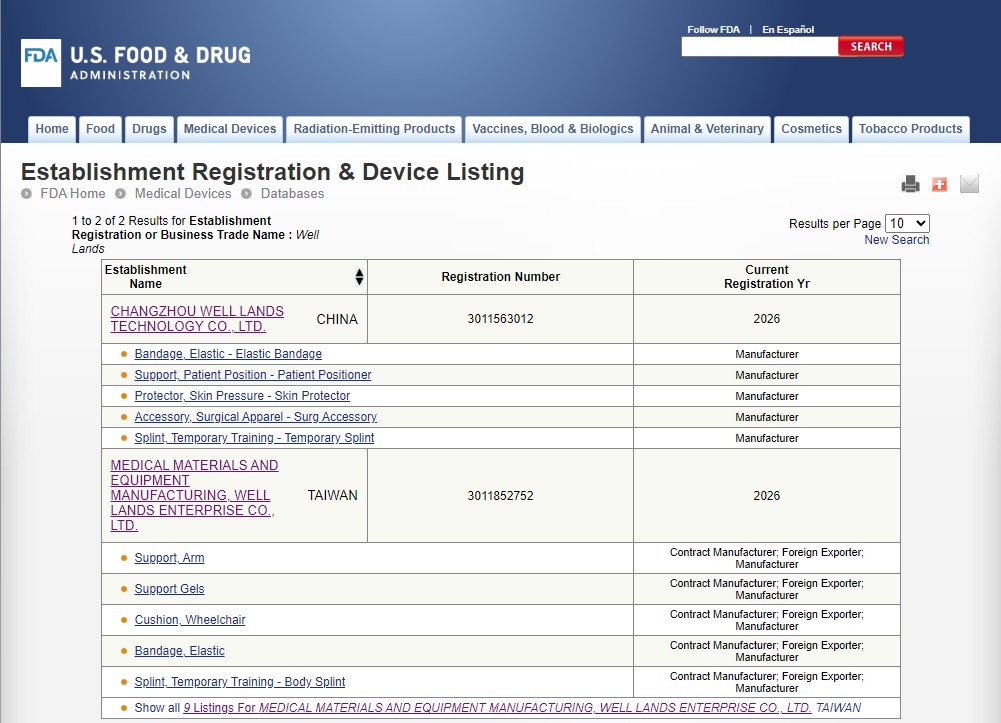 Well Lands FDA registration Medical Product Supplier Taiwan China